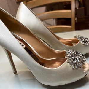 Badgley Mischka “Jeannie” Peep Toe Pump: Satin-Ivory with Jewel Cluster.